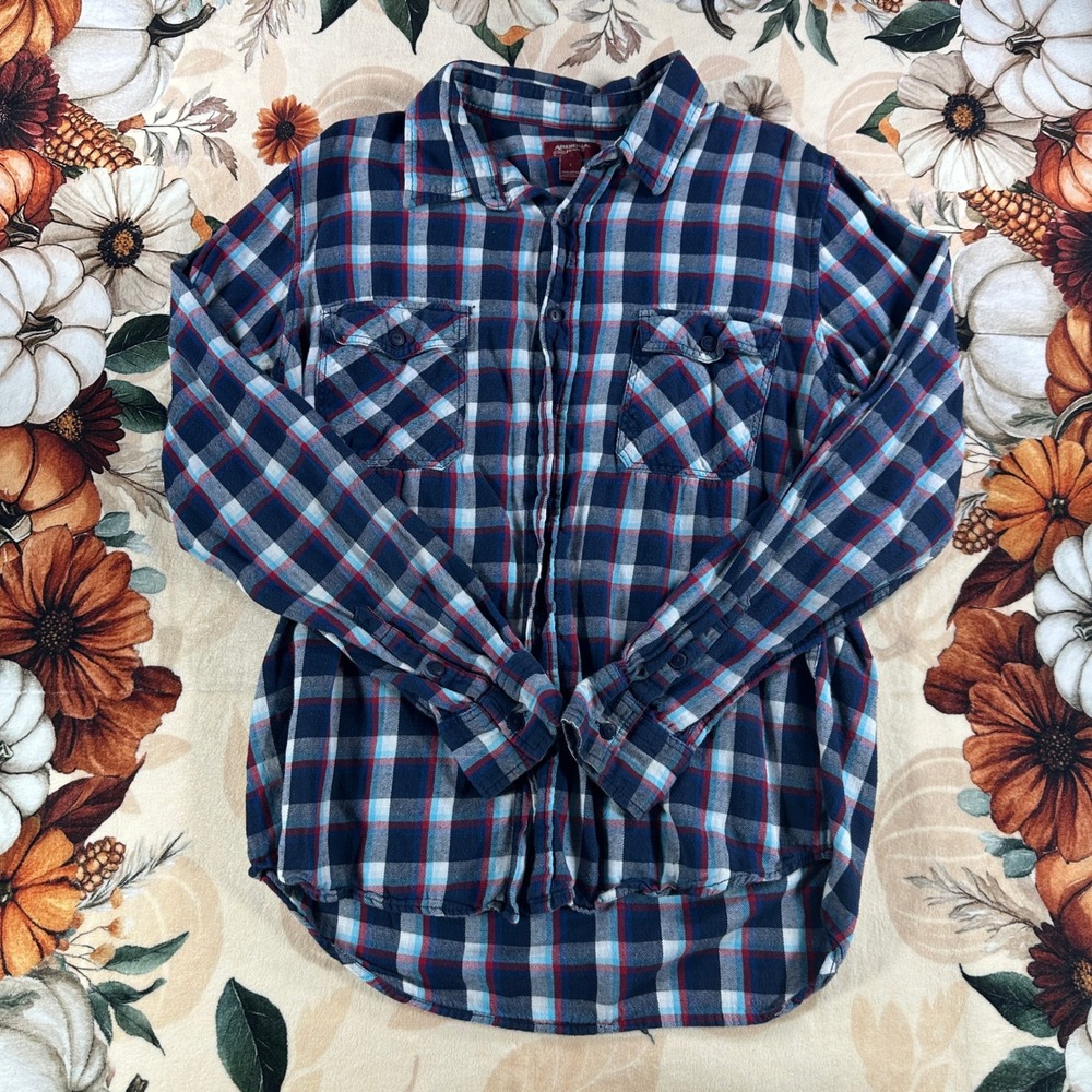 Arizona Jean Co Shirt Mens Size L Blue Plaid Flannel Button Up Two Pocket Cotton